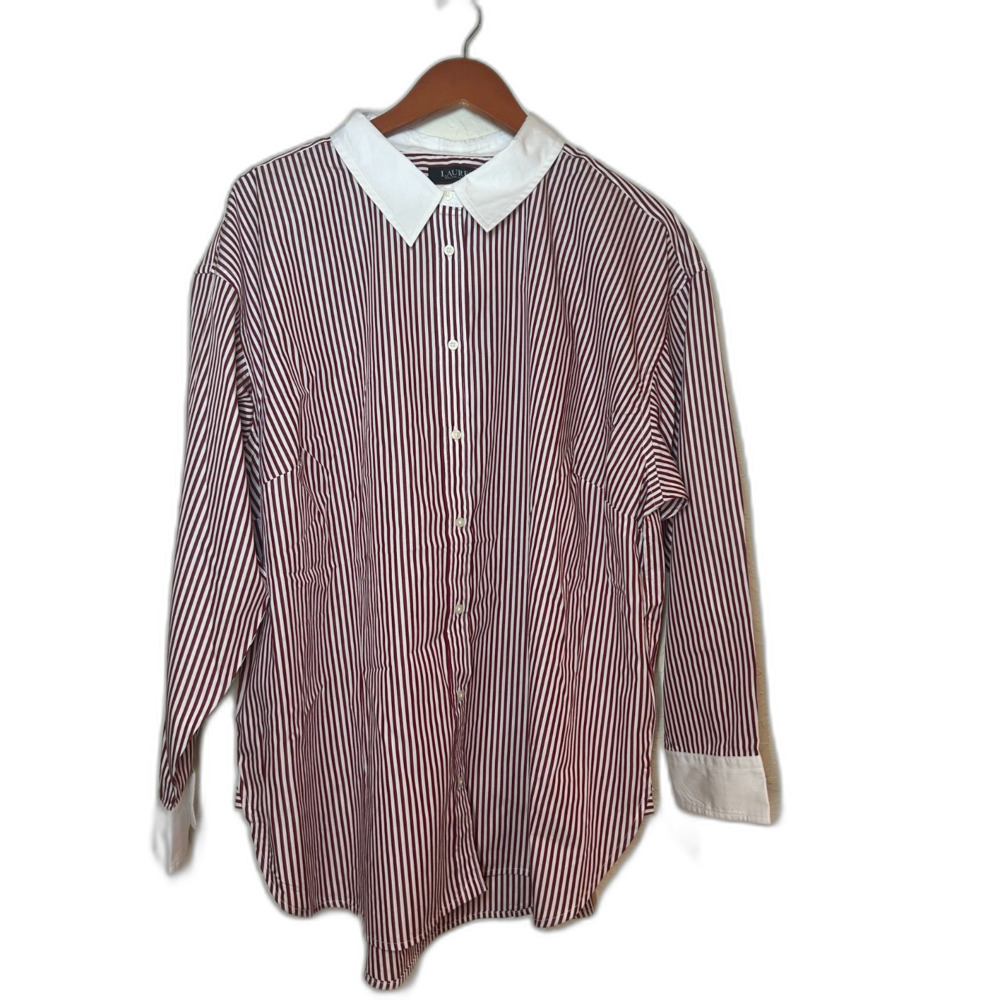 NWT Lauren Ralph Lauren Burgundy Stripe Cotton Broadcloth Shirt SIZE 2X
